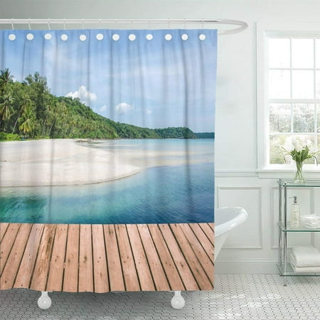 WOPOP Tropical Beach with Sea Wave on the Sand and Palm Trees Wood Planks Floor Beauty Polyester Shower Curtain Bathroom Decor 66x72 (Best Way To Sand Wood Floors)