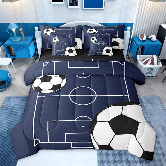 Feelyou Cartoon Rugby Sport Twin Bedding Sets 7-Piece, Football Soccer Lover Bedding Comforter Set, Teens Kids Boys Girls Reversible Sheet Sets, Microfiber Bedroom Decor