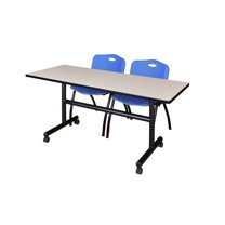 Kobe 60" Flip Top Mobile Training Table- Maple & 2 'M' Stack Chairs- Blue