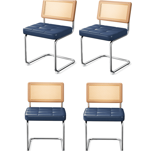 JERFIT Mid-Century Modern Dining Chairs Set of 4, Blue Faux Leather Upholstered Seats with Rattan Backrest, Sturdy Steel Frame for Kitchen Dining Room