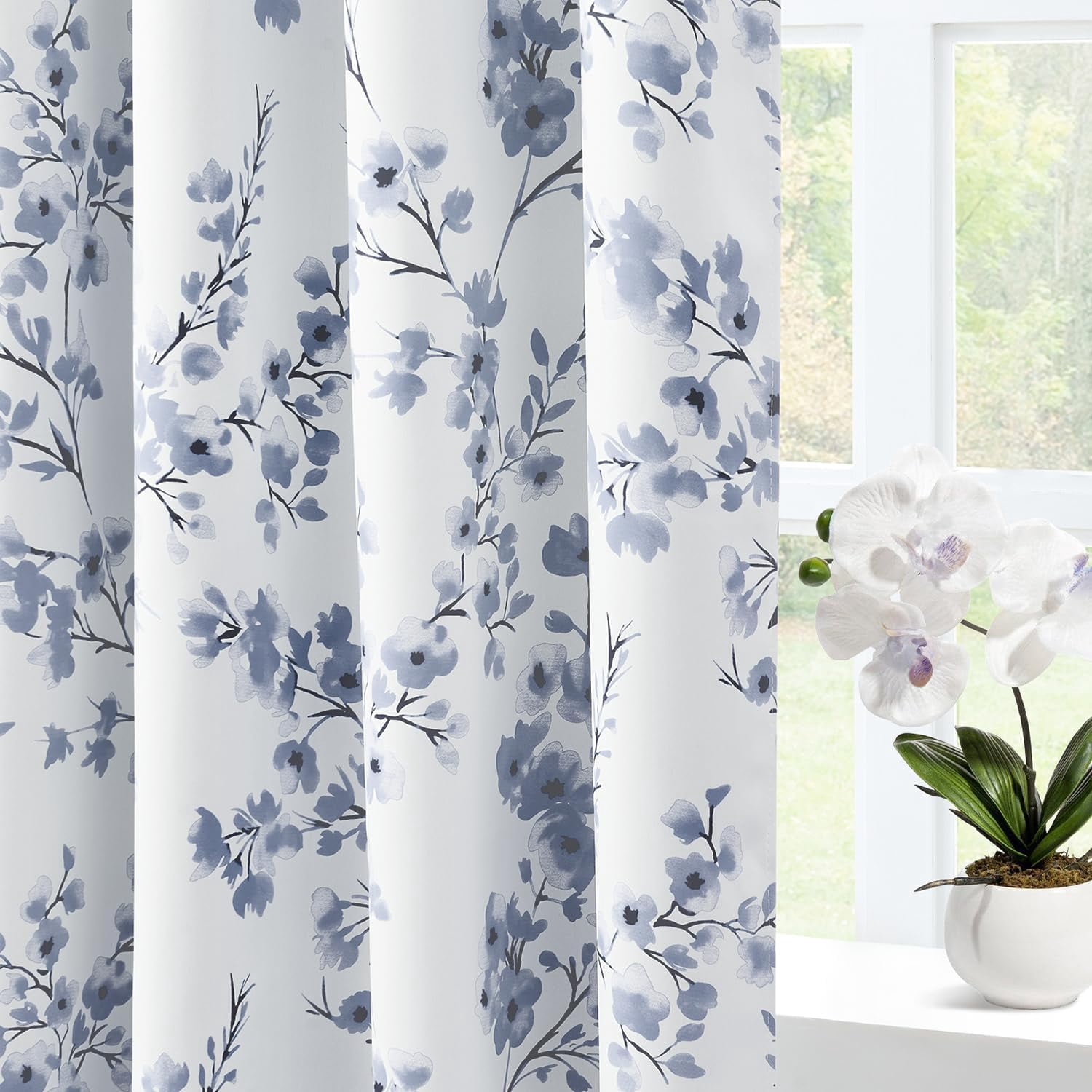 Grey Blue Floral Blackout Curtains, Long Room Darkening Flower Grommet Drapes for Living Room, Bedroom 42"W x 84"L (Pack of 2)