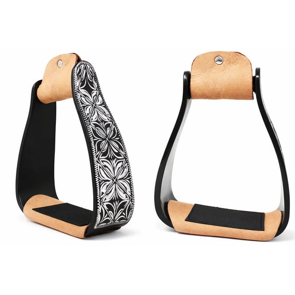 Horse 5" Black Aluminum Engraved Slanted Offset Western Horse Saddle Stirrups 51220