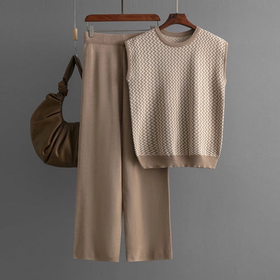 TaTaai Womens Two Piece Set Womens Casual Fashion Striped Two Piece Round Neck Pullover High Waist Straight Knit Set Gift