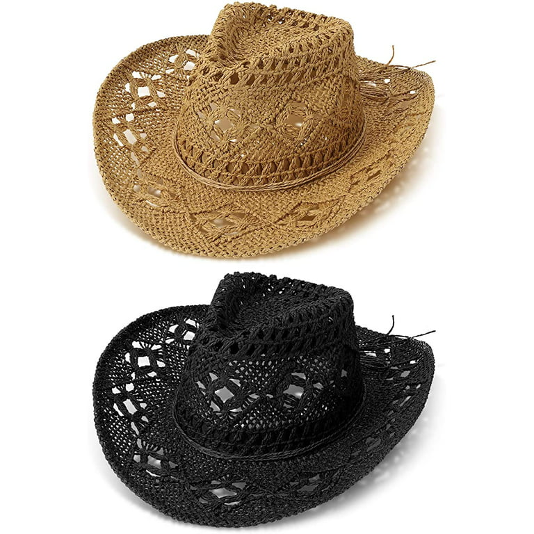 Vorkoi 2pcs Woven Straw Cowboy Hat for Women Men Wide Brim Cowgirl Hat Western Cowboy Hat for Hiking Fishing, adult Unisex, Size: One size, Black