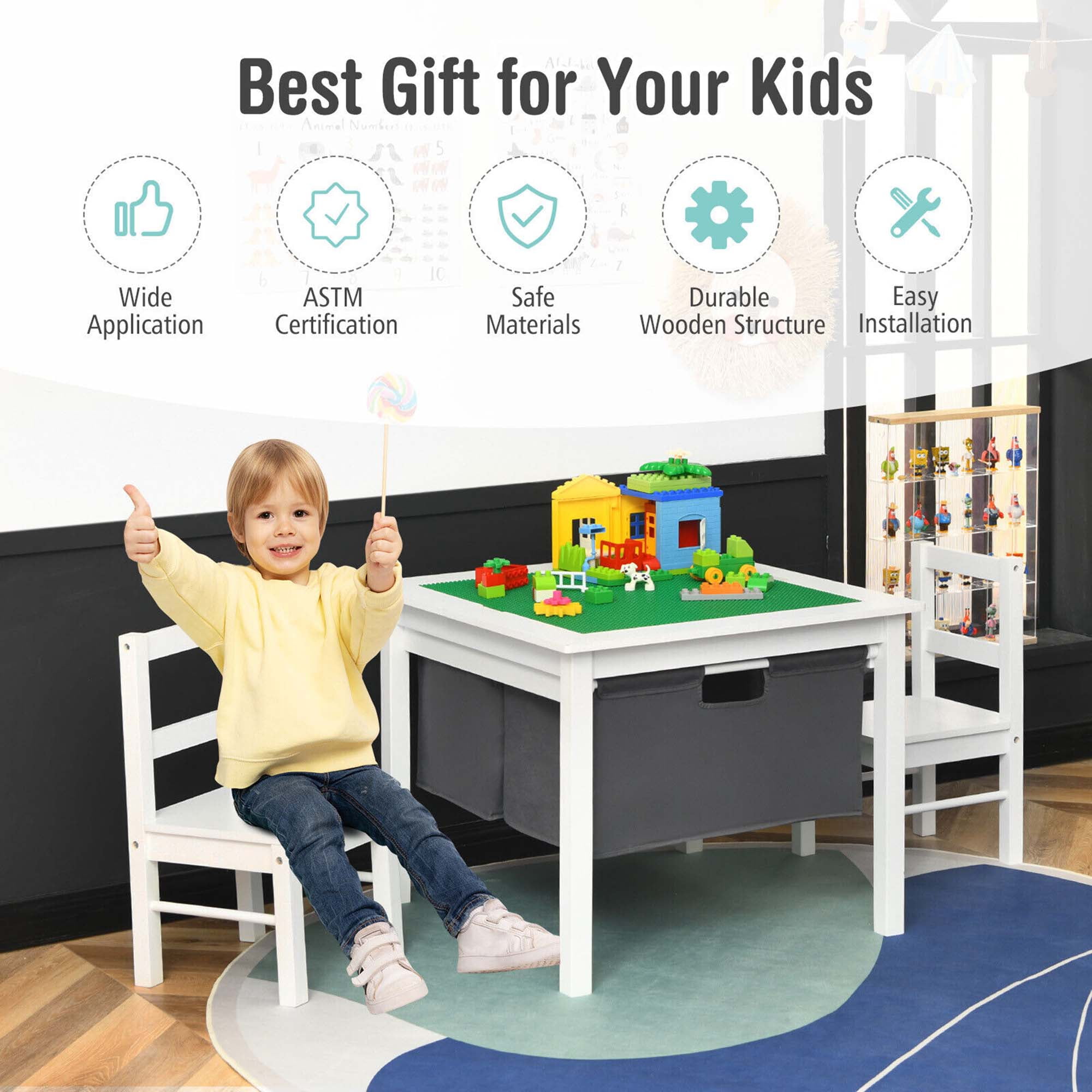 Gymax 2-in-1 Kids Double-sided Activity Building Block Table w/ Storage Drawers White
