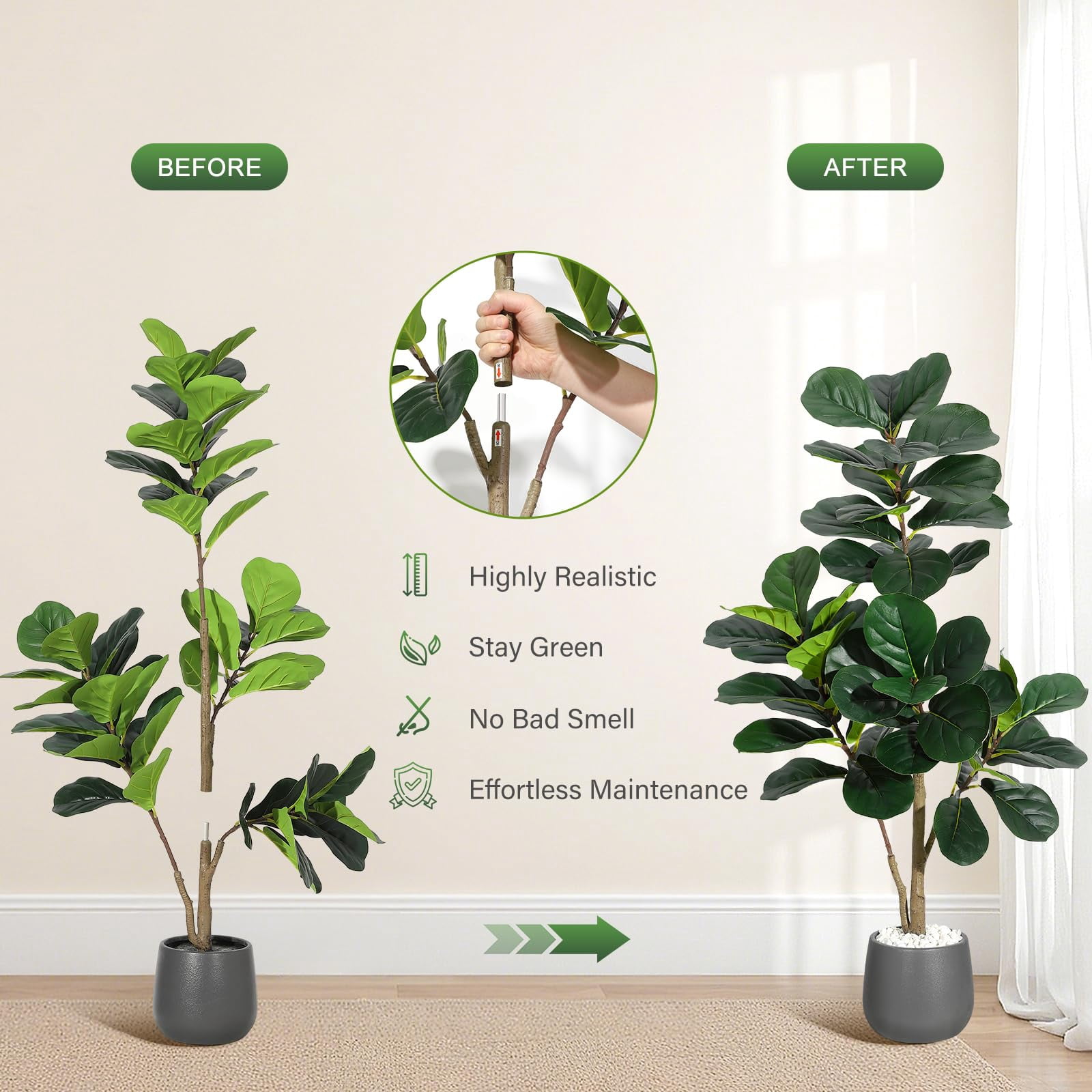 Artificial Fiddle Leaf Fig Tree 4ft – Realistic Faux Ficus Lyrata Floor Plant with gray Planter, Indoor Fake Tree for Home Office Living Room Decor
