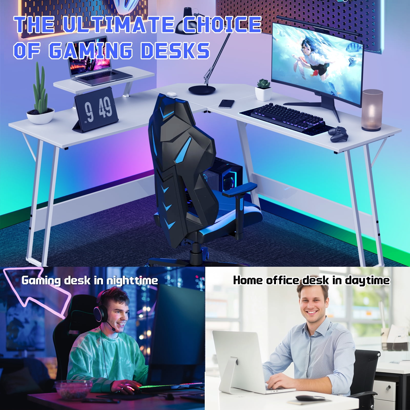 Dkelincs L Shaped Gaming Desk, 50.4" Corner Computer Desk PC Game Table with Monitor Stand Large Desktop for Home Office Study Writing Workstation, White