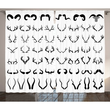 Buffalo Silhouette - Deer Curtains 2 Panels Set, Horns of Antelope Buffalo Cattle Moose Sheep Collection Silhouettes Symbolistic Artwork, Living Room Bedroom Decor, Black White, by Ambesonne