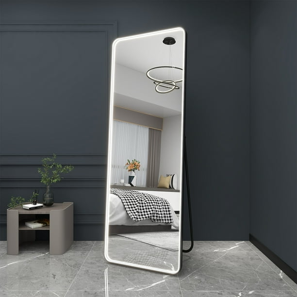 BEAUTYPEAK LED Full Length Mirror with Rounded Corners x 21" Floor Mirror, Black Walmart.com