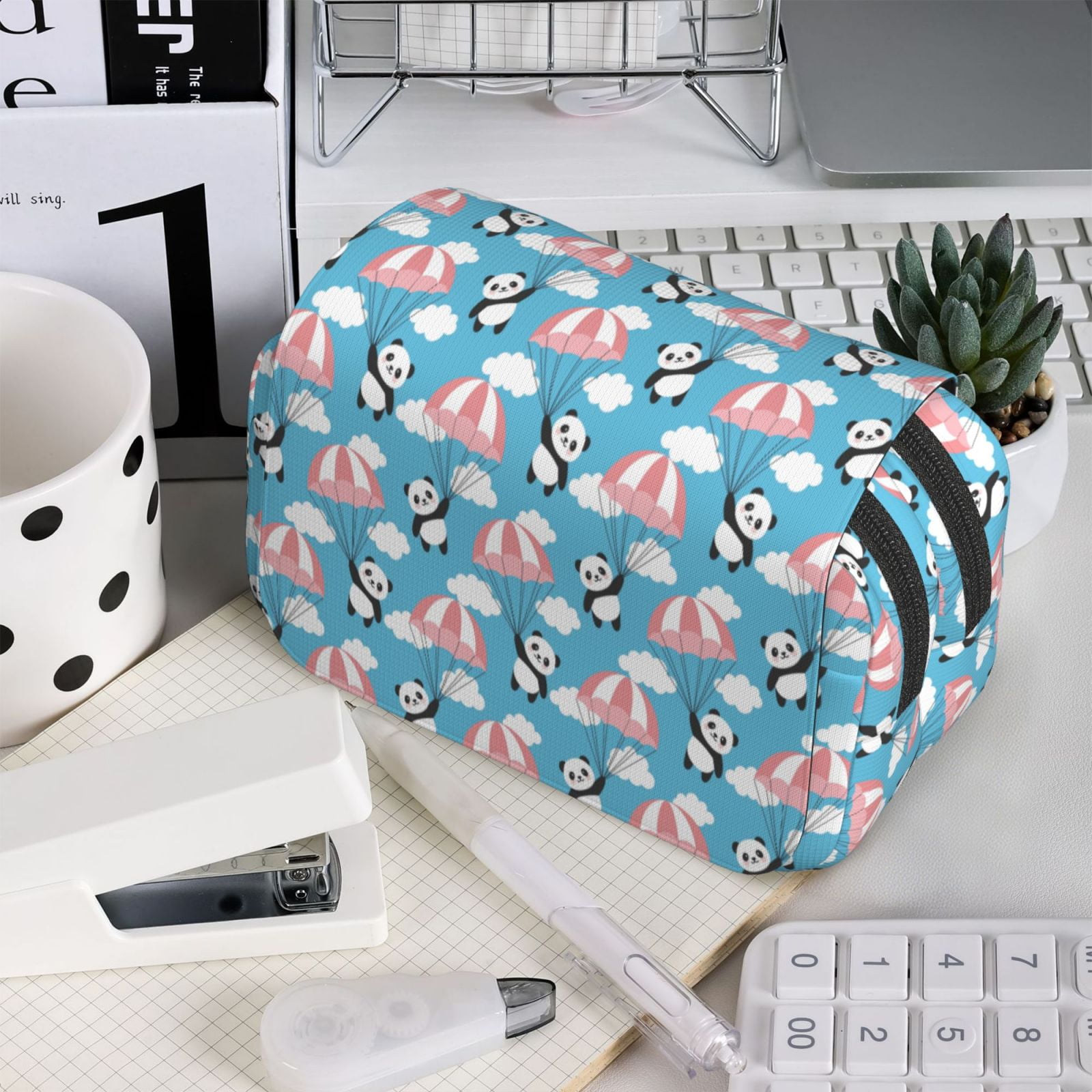 Rateoe Panda Flying in the Sky Pattern Double Clamshell Pen Case, Storage Organizer with Two Zipper Compartments– Holds Up to 50 Pencils & Pens