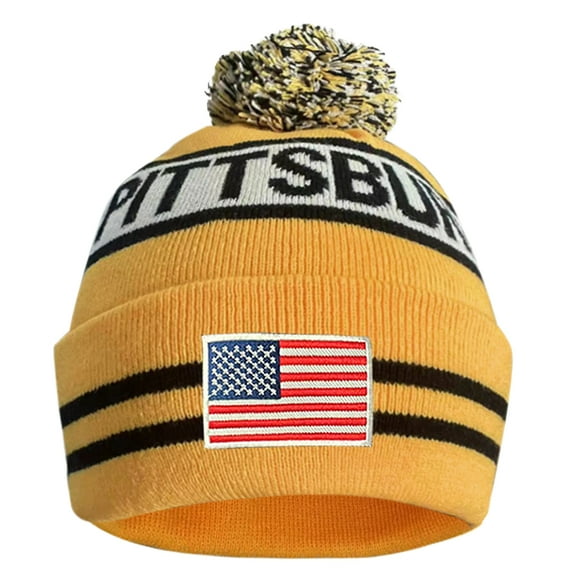 Aihccy US Flag Pittsburgh City Football Embroidery Classic Pom Cuff Pittsburgh Beanie Hat Cuffed Winter Soft Beanie Knit Pom Hat Cap Green