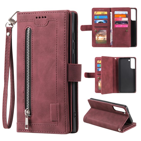 ELEHOLD Multi-Functional Wallet Case for Samsung Galaxy A15, 9 Card Slots Zipper Pocket Wriststrap Stand Function Premium Leather Shockproof Purse Case for Samsung A15,Winered