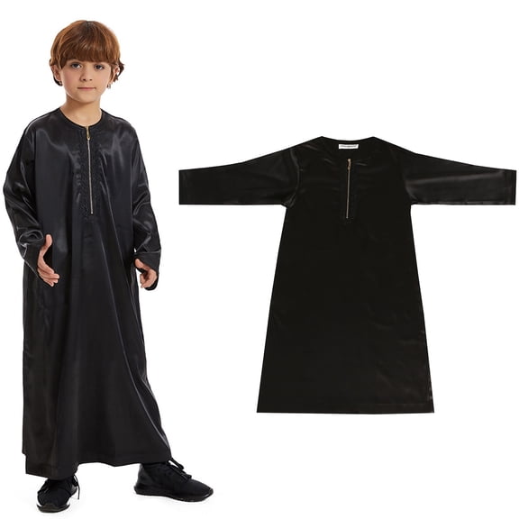 Boy Kaftan Thobe Casual Long Sleeves Clothes Crew Neck Kids Robes for Boys Black Kaftan 9-10 Years