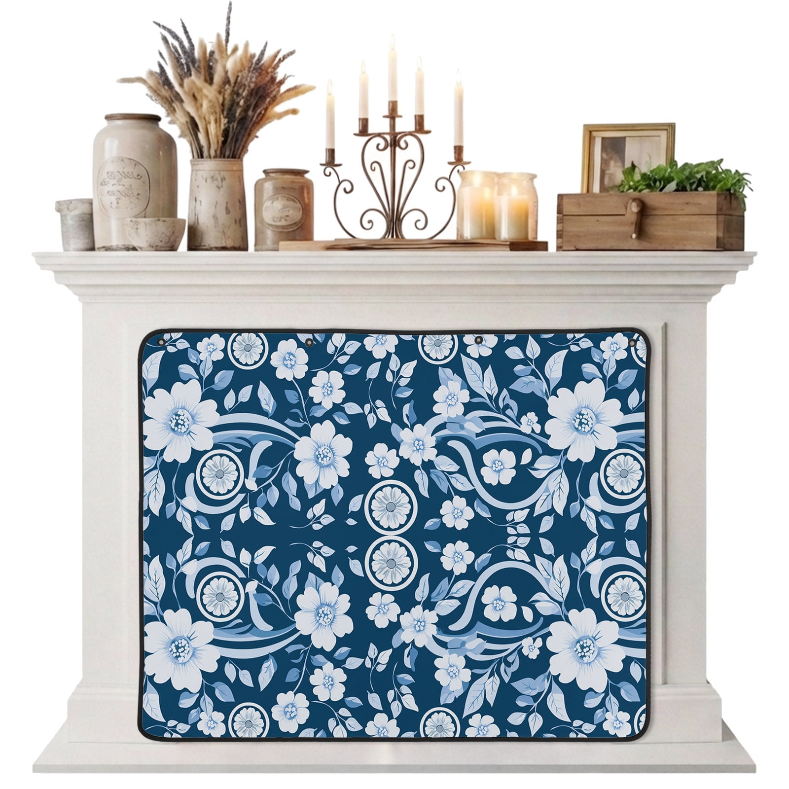 Magnetic Fireplace Cover Blue Flower Fireplace Screen Pastoral Floral Insulation Fireplace Blocker Blanket Save Energy Fireplace Draft Stopper Covers for Living Room 39x32