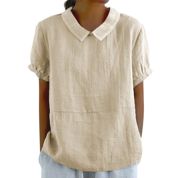 Outfmvch Linen Tops for Women Womens 3/4 Sleeve Button Down Shirts Roll Up Short Sleeve T-shirt Womens Linen Tops V Neck Tops Outfits Collared Roll Up Beige L