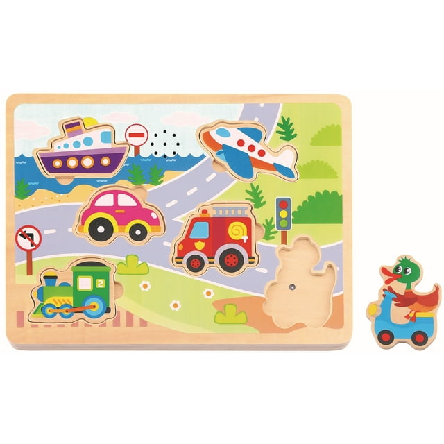 TOOKYLAND Vehicule Sounds Peg Puzzle - 7pcs - Wooden Puzzle with Sound Effects, Ages 18m+