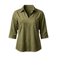 thumbnail image 2 of Women 3/4 Length Sleeve Shirts Lapel V Neck Solid Color Summer Tops Soft Cotton Casual Loose Fit T-Shirts (XL, Army Green), 2 of 7