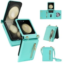 ELEHOLD Case for Samsung Galaxy Z Flip 7, RFID Blocking Leather Zipper Wallet Phone Case with Shoulder Strap,Mint