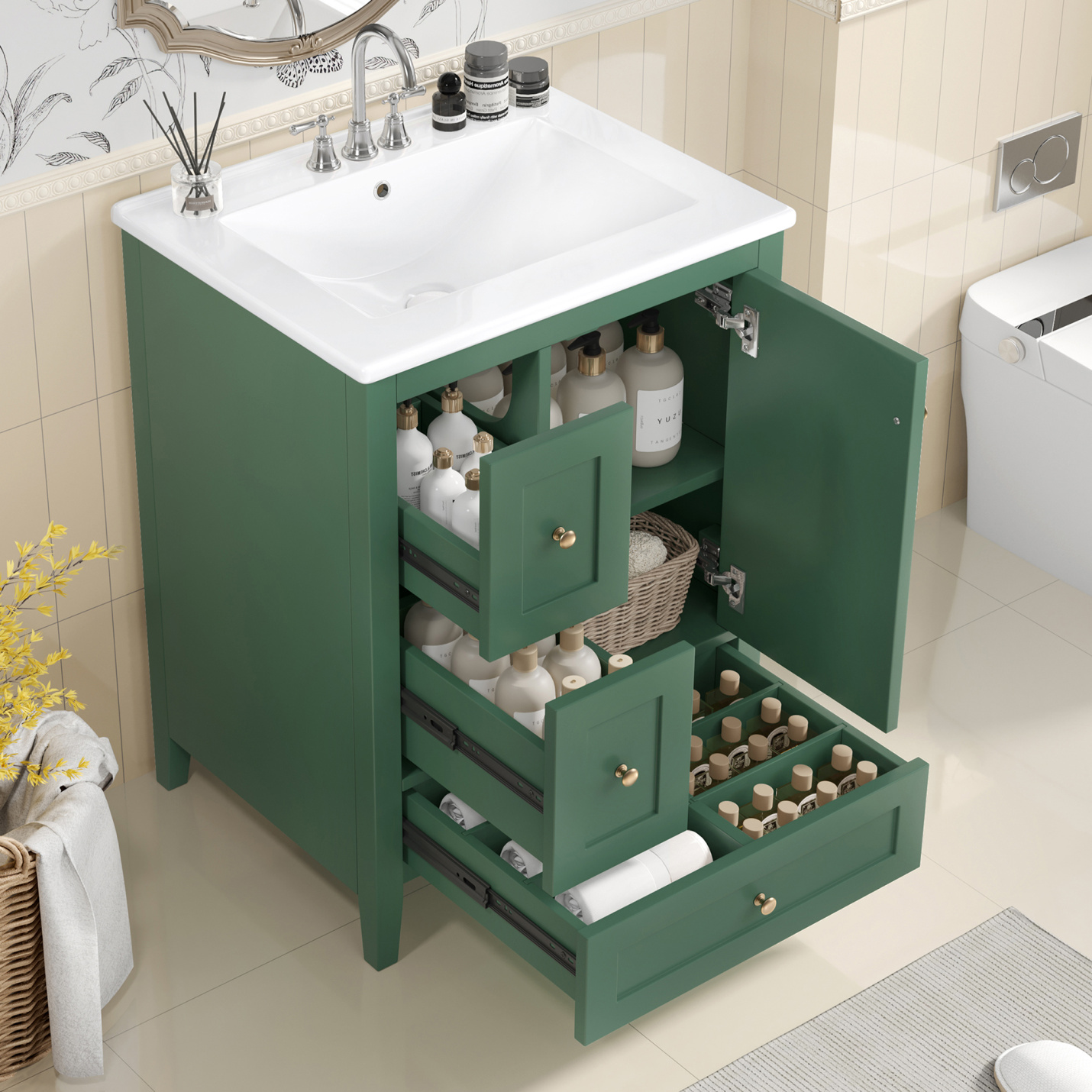 24 Inch Bathroom Vanity with Sink, Solid Wood Bathroom Sink Vanity Cabinet with Removable Dividers Drawers and Adjustable Shelves, Small Bathroom Sink Cabinet, Dark Green