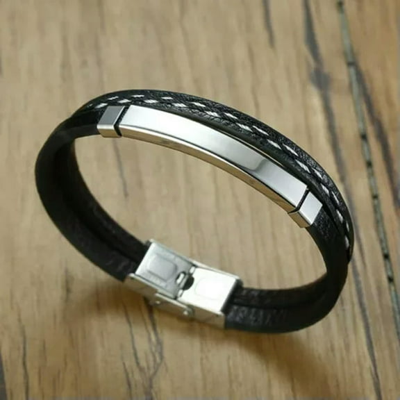 19.5cm PU Leather Silver/Gold/Black Bracelet for Male Men Stainless Steel Bangle