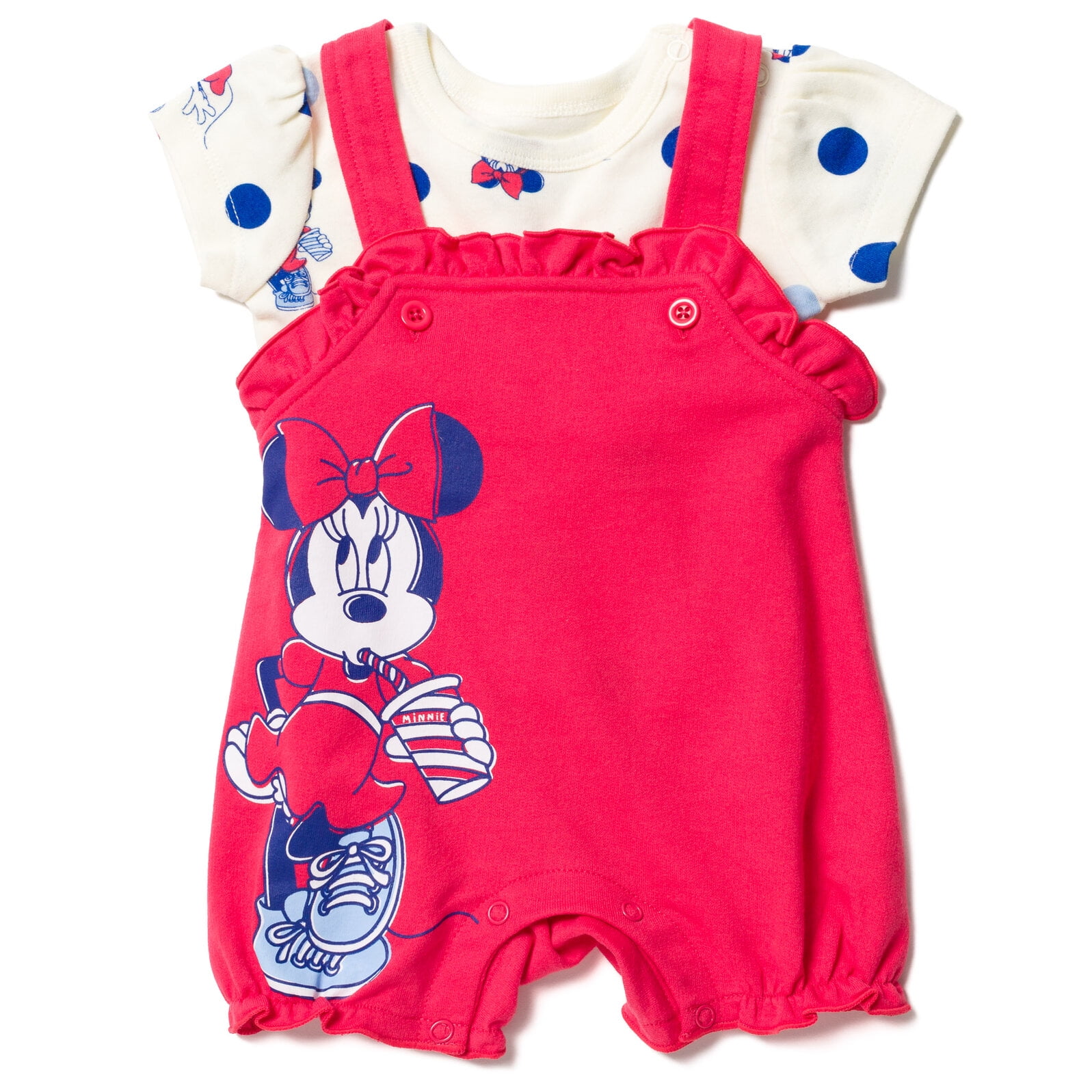 Disney Minnie Mouse Newborn Baby Girls French Terry Short Overalls and T-Shirt Newborn to Infant