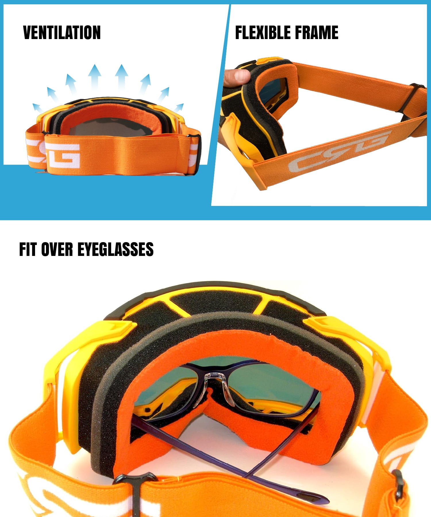 CRG Sports Motorcycle Goggles ATV Dirt Bike Glasses Off Road Racing Riding Motocross Goggles for Men, Women, Adults