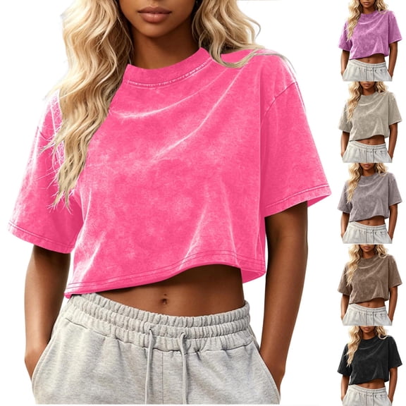Gealkoca Cropped T Shirts for Women Vintage Tees Crop T-Shirts Oversized Cotton Tshirt Short Sleeve Casual Round Neck Basic Tees Loose Summer Top