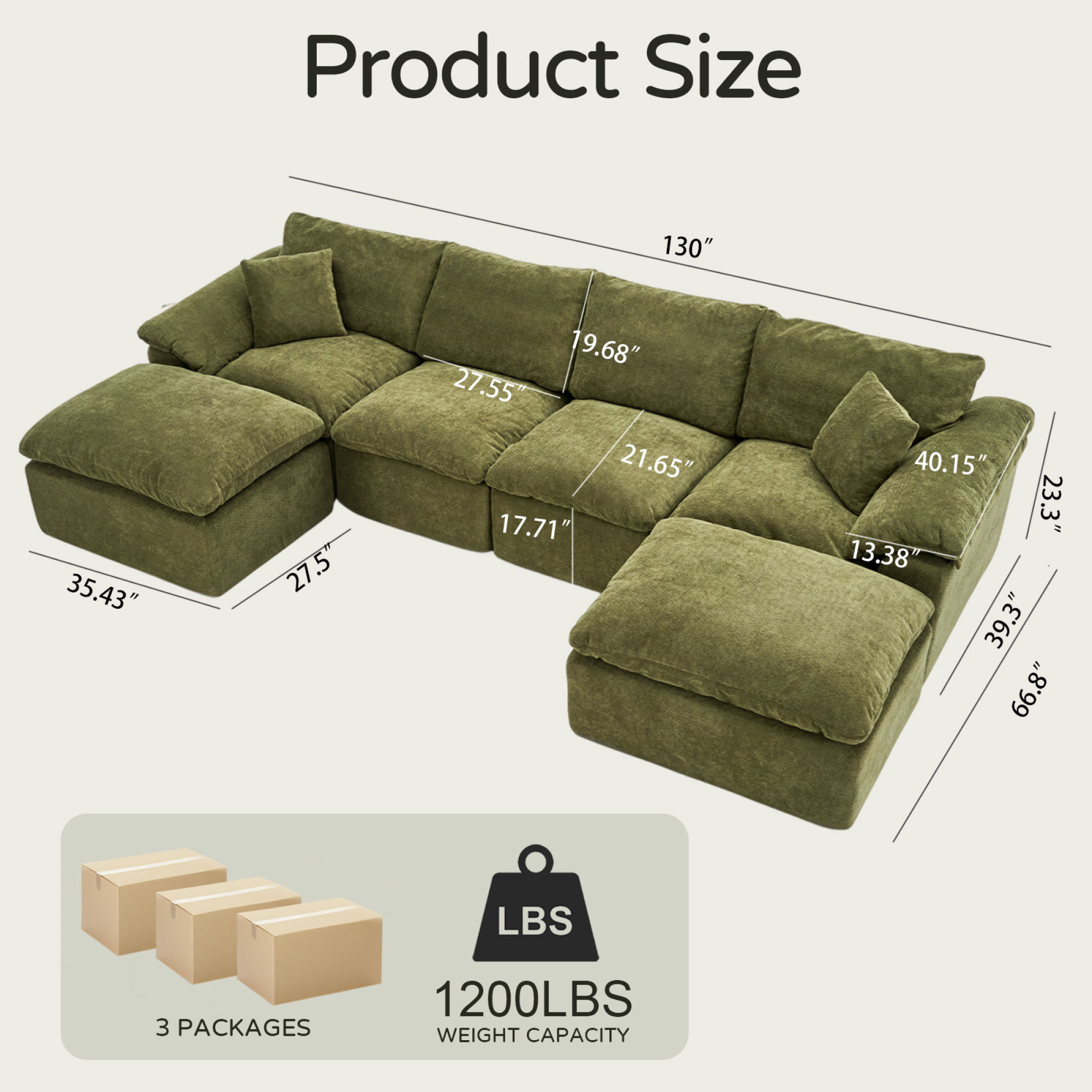 HOQBN Modular Sectional Sofa, L Shape Cloud Couch with 2 Movable Ottoman, Comfy Chenille Deep Seat Sofa with Soft Pillows for Living Room Apartment (Green)