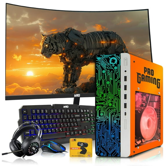 Restored HP Gaming PC Desktop Computer Phoenix AMD A10-9700, RX 550, 16GB RAM, 1TB SSD, 32 Inch Curved Monitor, RGB KBM with AI Copilot, WiFi, RGB Headphone, Webcam, Windows 11 (Refurbished)