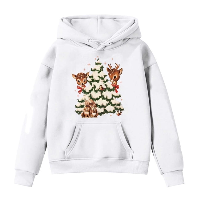 PMVFHDE Chandails à Capuchon et Chandails pour Filles Chandail Rétro de Noël avec Renne Haut Mignon Col Rond Chandail de Groupe Familial Tenue Preppy Blanc, 8-10 Ans