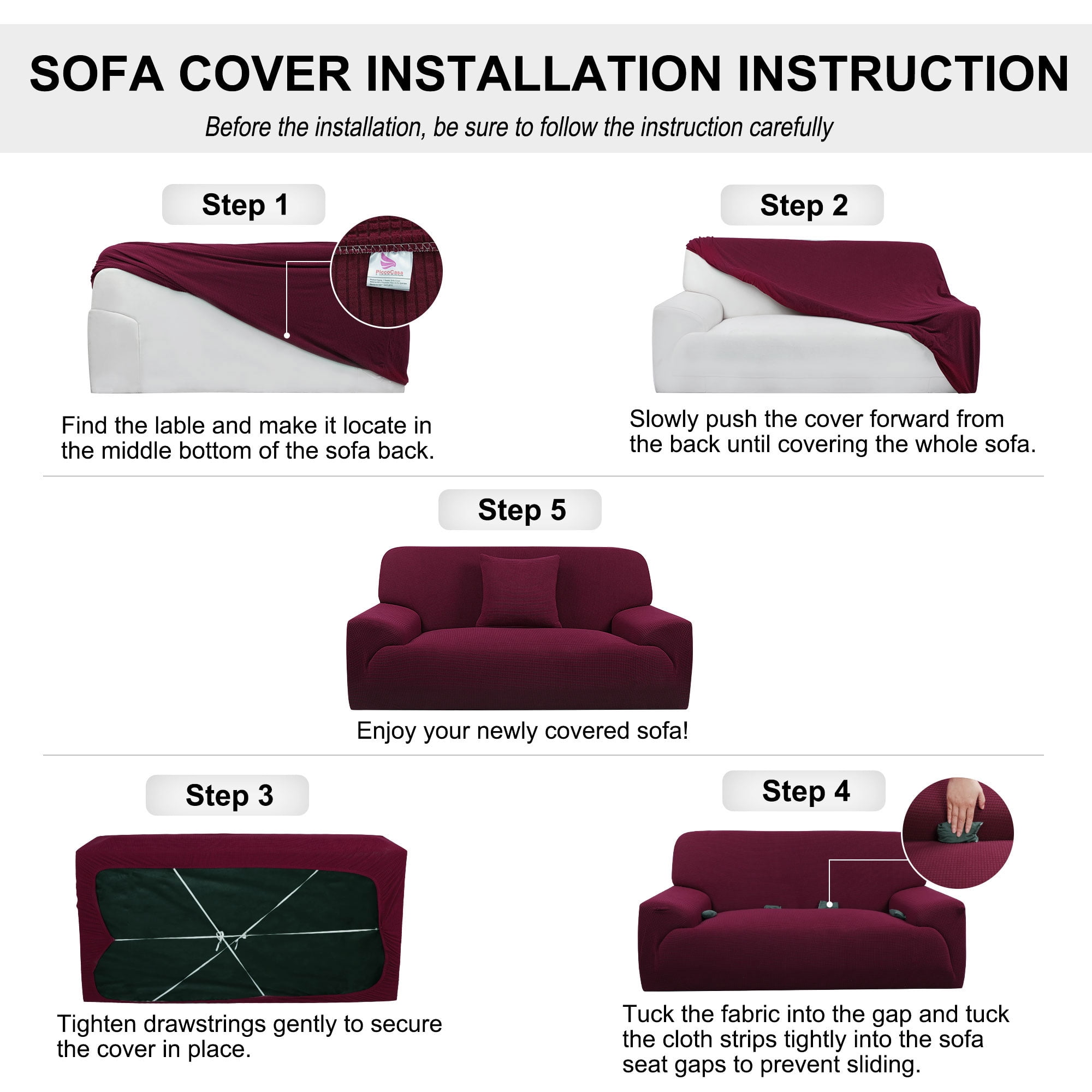 PiccoCasa Jacquard Sofa Covers Strech Thick Couch Slipcover, Burgundy 2 Seater (53" - 67")
