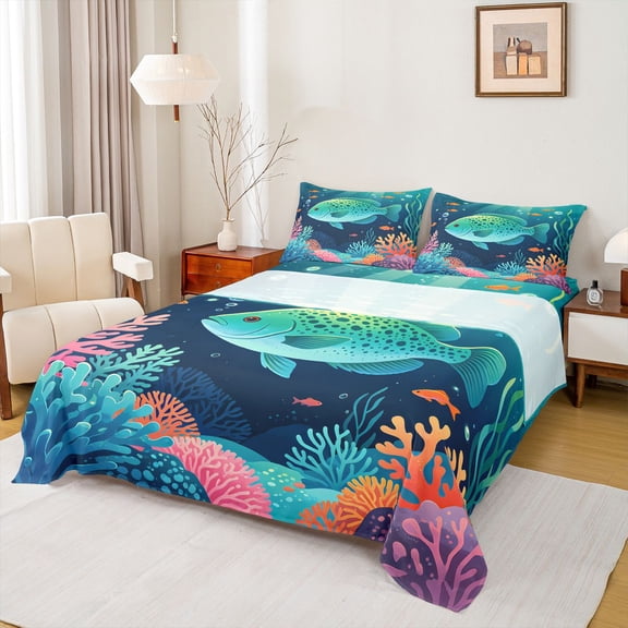 jejeloiu Cartoon Tropical Fish Bed Sheets,Watercolor Coral Seabed Full Size Sheets For Boys,Teal Navy Blue,4-Piece,1 Flat Sheet, 1 Fitted Sheet and 2 Pillowcases
