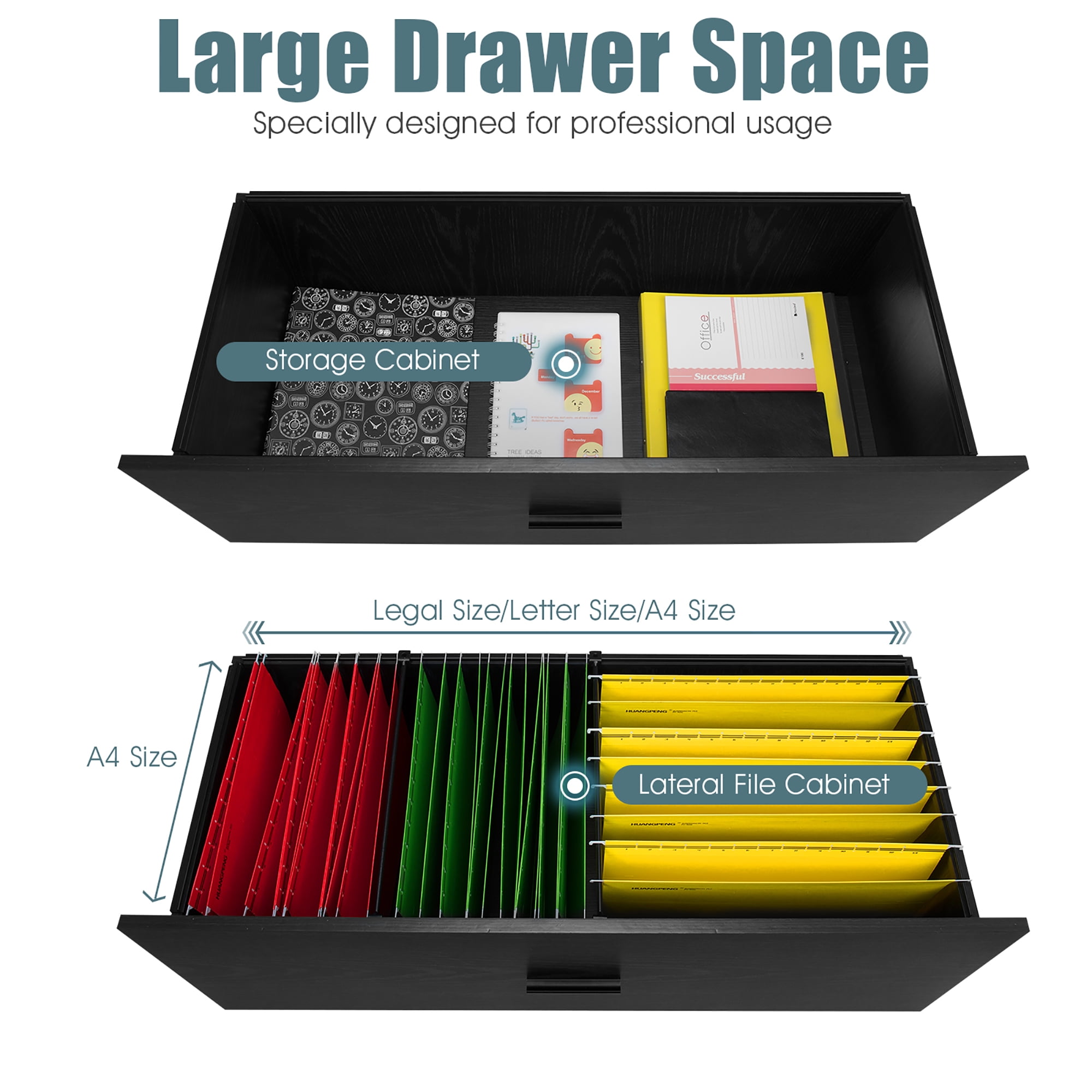 Costway 2-Drawer Lateral File Cabinet w/Adjustable Bars for Home Office Black