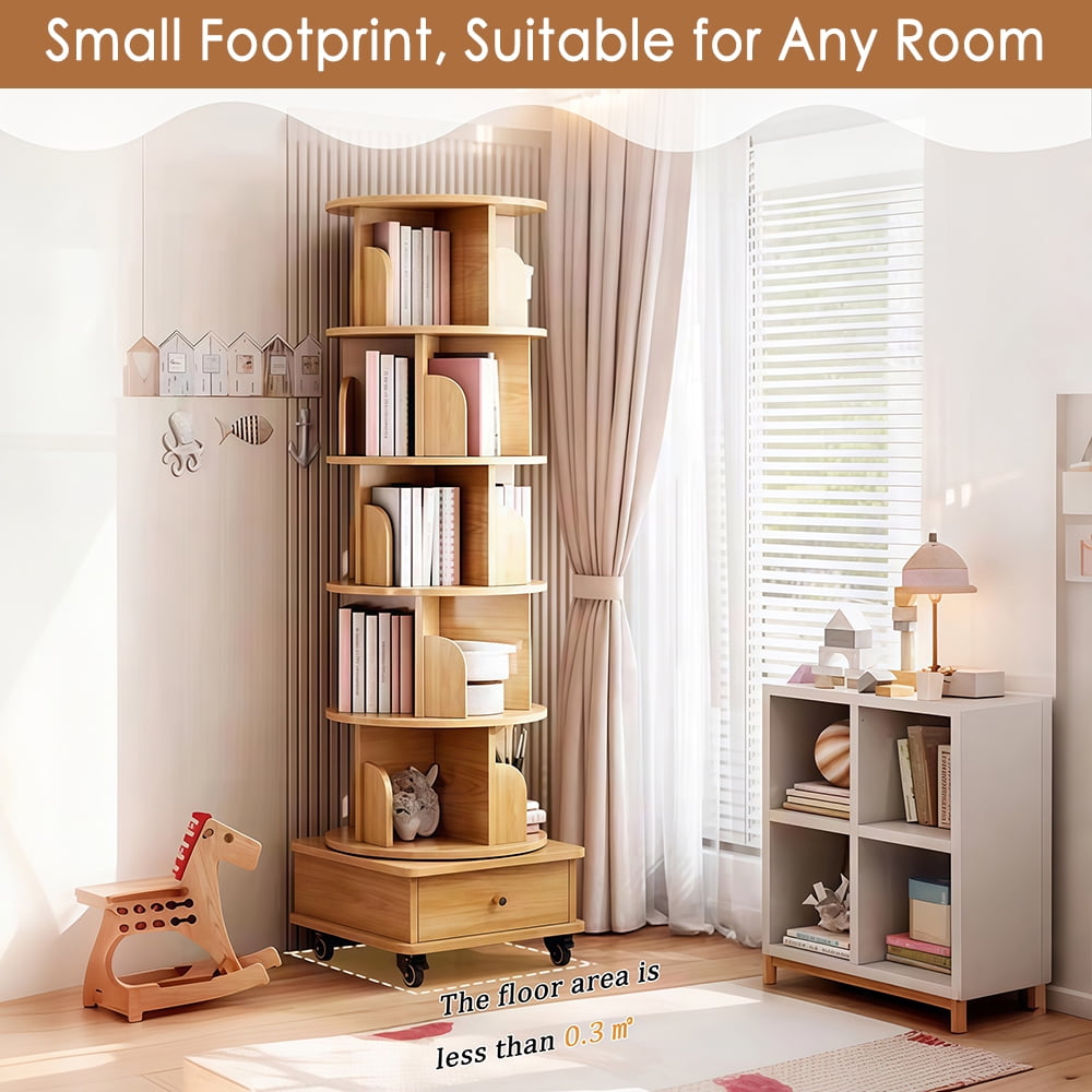 WARMMUSE 6 Tier Rotating Bookshelf, 360 ° Display Spinning Round Floor Standing Bookcase with Wheels and Drawer  for Bedroom, Living Room, Natural