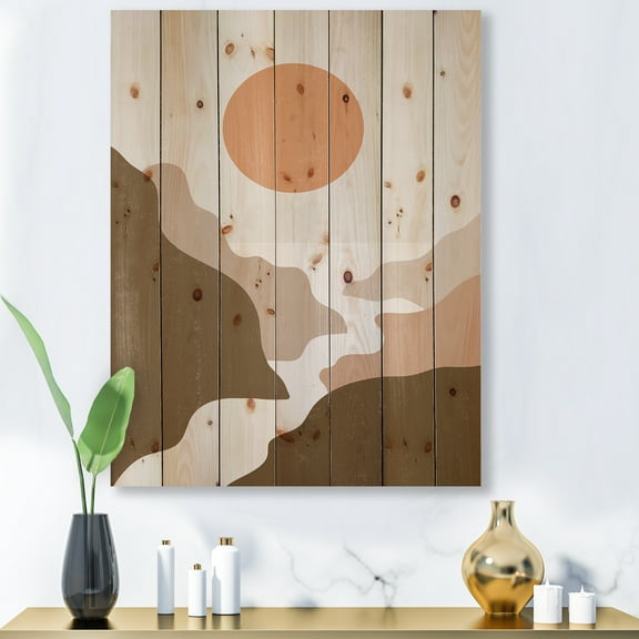 Designart 'Full Moon In Terracotta Tones Mountains' Modern Print on Natural Pine Wood