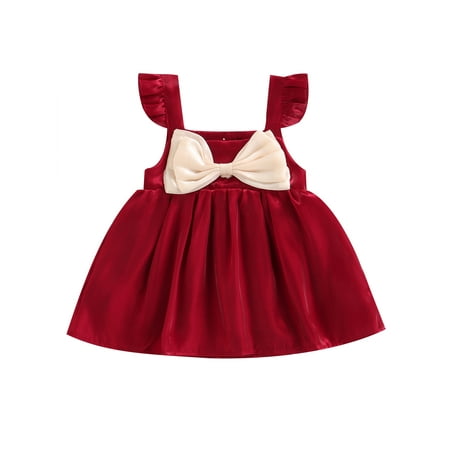 

Nokpsedcb Newborn Baby Girls Sleeveless Dress Front Big Bow-Knot Square Neck Ruffles Decor Dress Princess Dress Red 12-18 Months