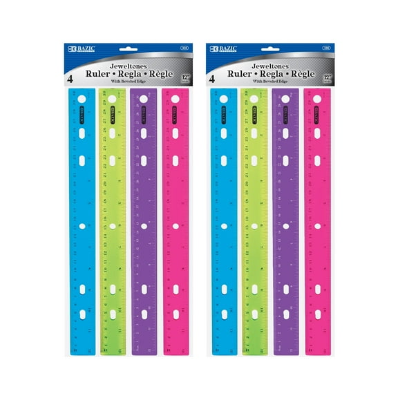BAZIC Jeweltones Color Plastic Ruler 12" (30cm), Inches Centimeter Rulers (4/Pack), 2-Packs