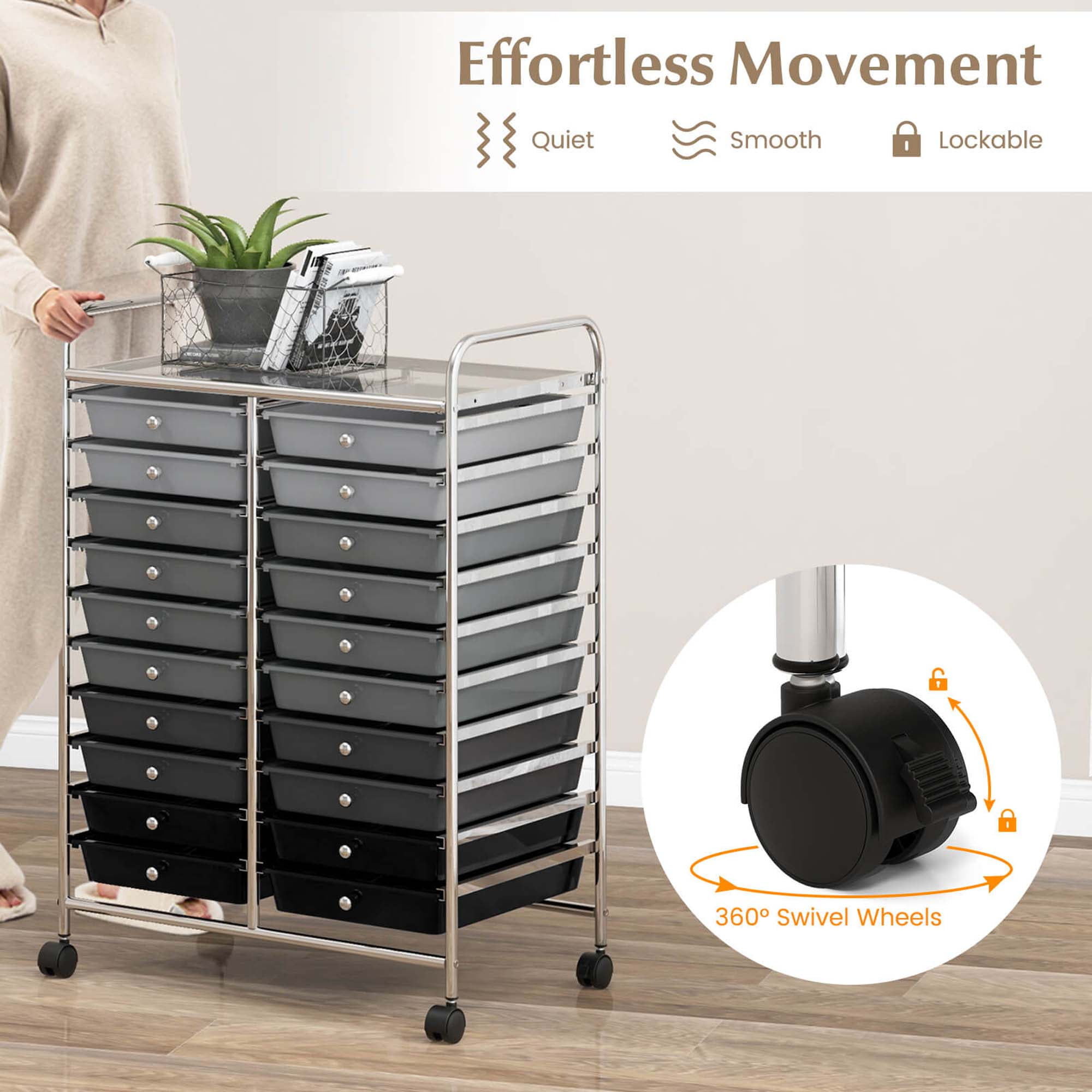Costway 20 Drawers Rolling Storage Cart Art Craft Organizer on Wheels Multipurpose Grey