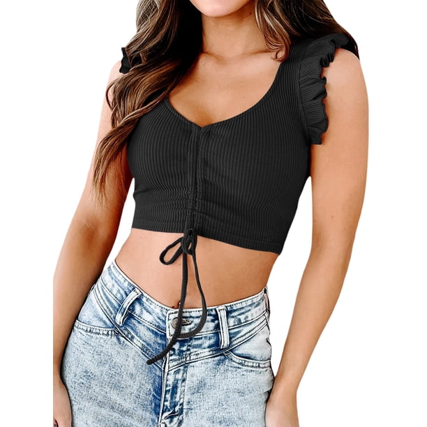 Sunloudy - Chaleco acanalado de color sólido para mujer, con volantes, sin mangas, cuello en V profundo, con cordón, fruncido, ajustado, recortado, sin mangas Sunloudy moda