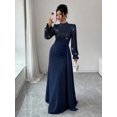 thumbnail image 5 of Navy Blue Elegant Sequin Long Sleeve High Neck Wrap Waist Maxi Dress For Banquet Party Wedding Guest, 5 of 7