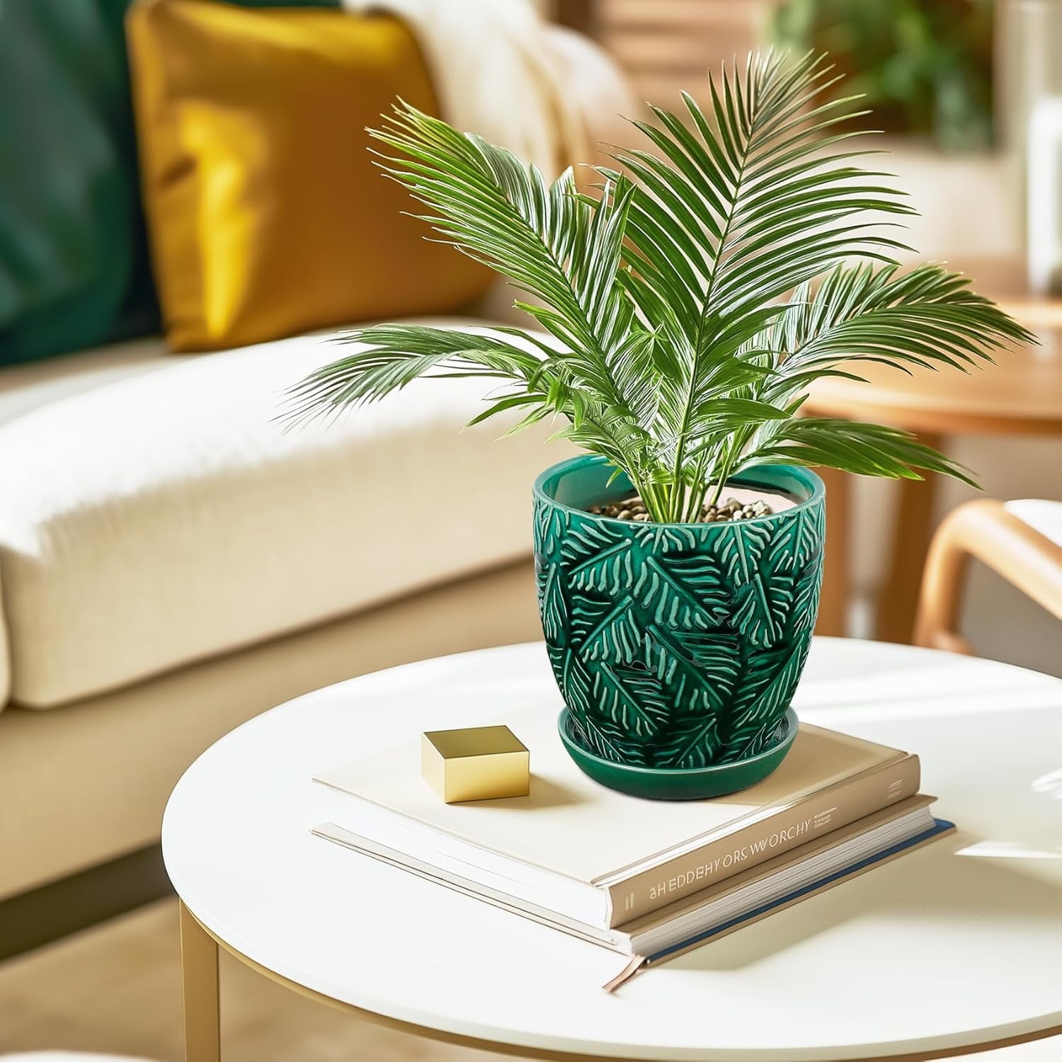 BUYMAX Ceramic Plant Pots, 6 inch Indoor Plant pots with Drainage Hole and Saucer, Flower Pots, Set of 2, Leaf Embossed - Green Glaze