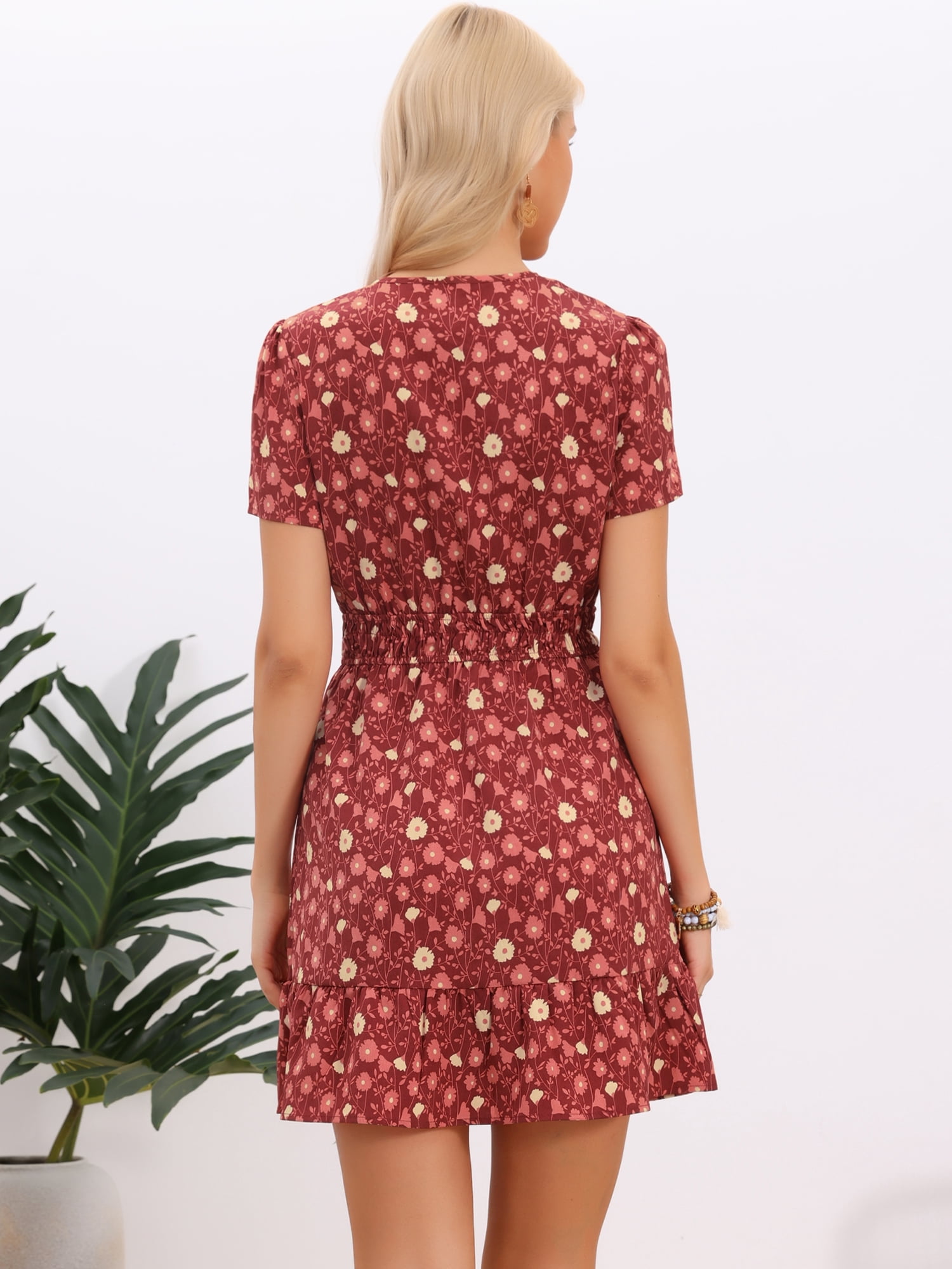 DARING DIVA Women's Tiered Dress V Neck Tent Smocked Waist Floral Dresses S Dark Red