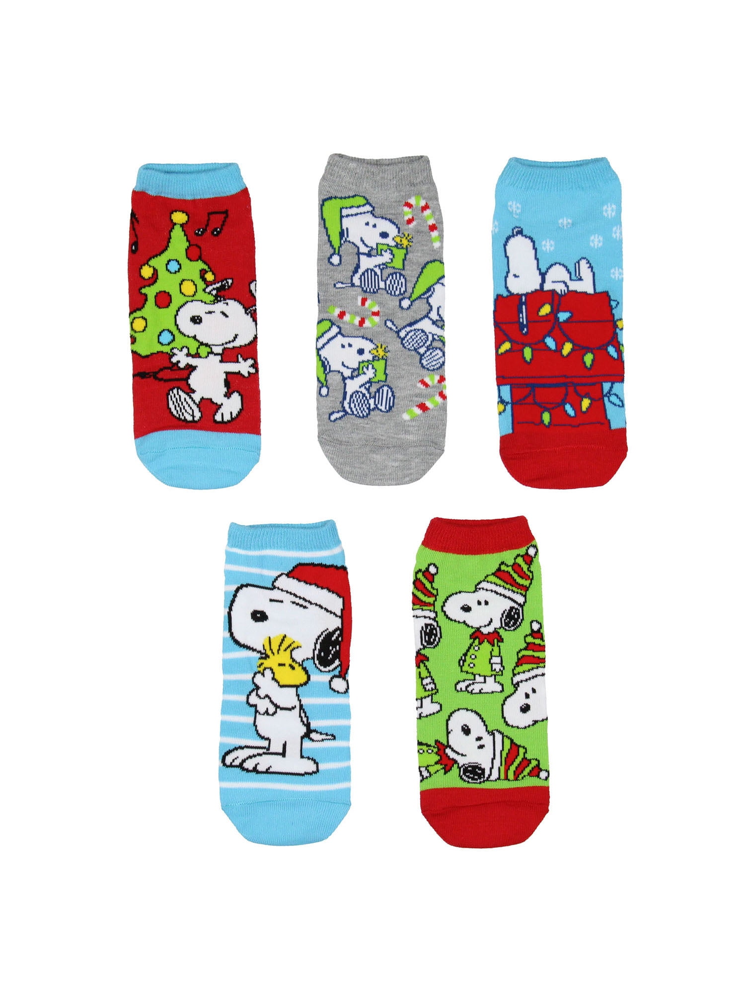 Peanuts Snoopy Women's Holiday Inspired Mix and Match 5-Pack Adult No-Show Ankle Socks Shoe Size 4-10
