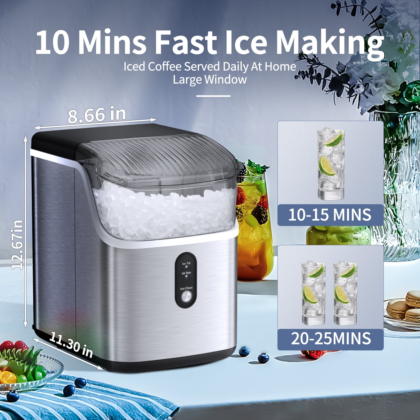Auseo Nugget Ice Maker Countertop with Soft Chewable Pellet Ice, 33lbs/24H,  Self-Cleaning Function, Stainless Steel, for Party/Kitchen/Office-Black 