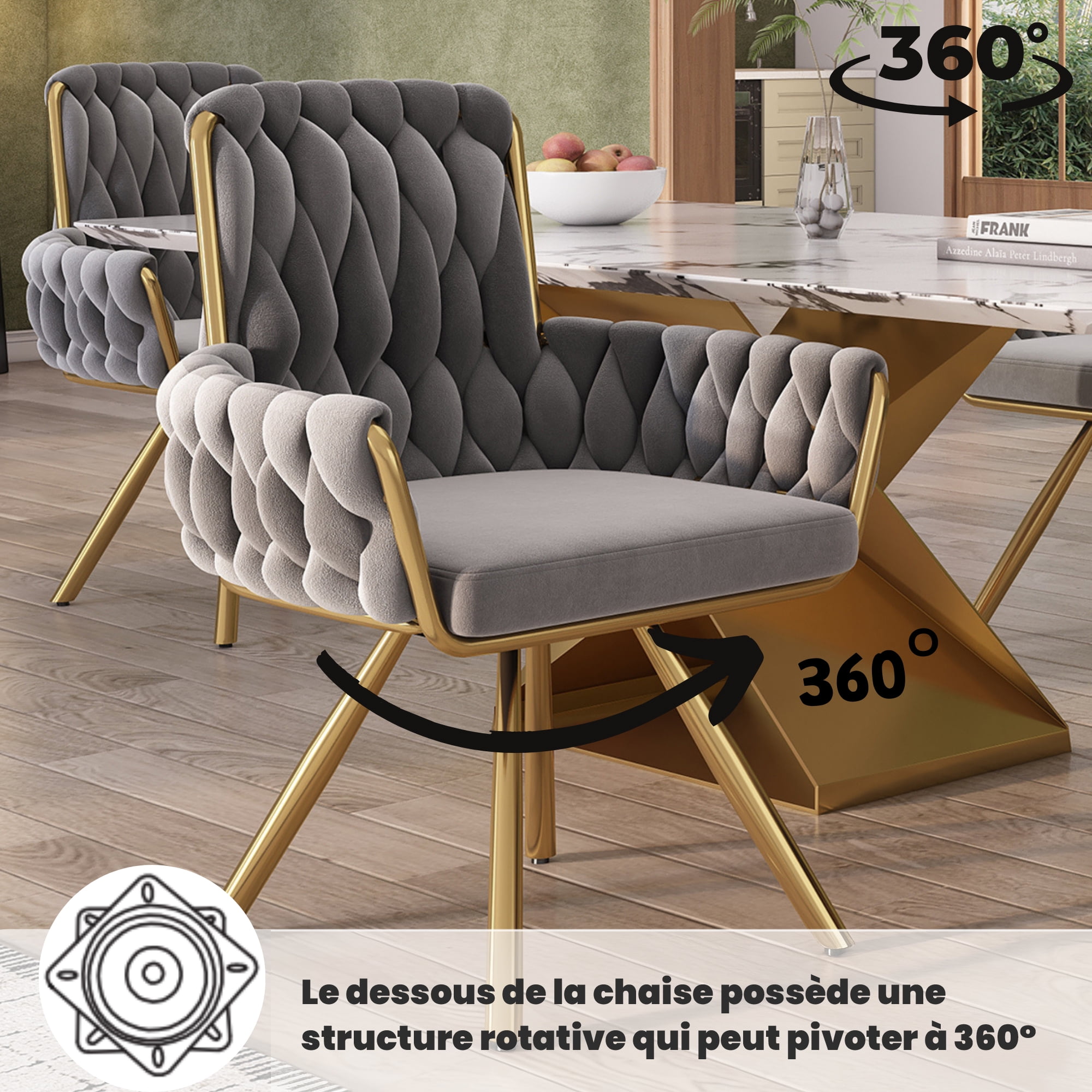 Noble House Set of 2 Velvet Dining Chairs, Luxurious Tufted Swivel Chair, gray