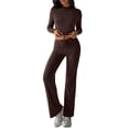 thumbnail image 2 of Conjuntos de 2 Piezas para Mujer, Larga, Cuello Redondo, Pantalones Acampanados de Cintura Alta, Conjuntos de Chándal, Ropa de Calle. Marrón M, 2 of 9