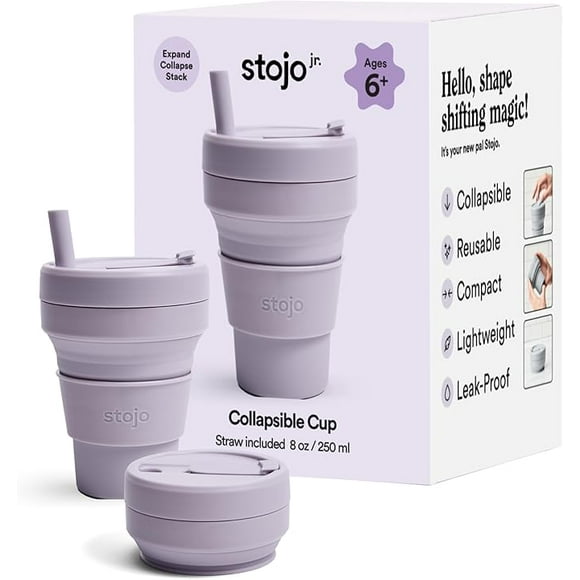 STOJO Jr Collapsible Travel Cup with Straw for Kids - Lilac Purple, 8oz / 250ml - Leak-Proof Reusable to-Go Pocket Size Silicone Bottle for Hot & Cold Drinks - Camping & Hiking - Dishwasher Safe