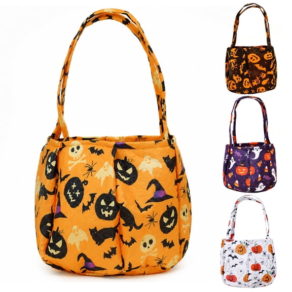 PYURTEP Halloween Bags, Large Portable Cloth Tote Bag with Pumpkin Ghost Print, Trick‑or‑Treat Candy Bucket for Halloween Party Favors