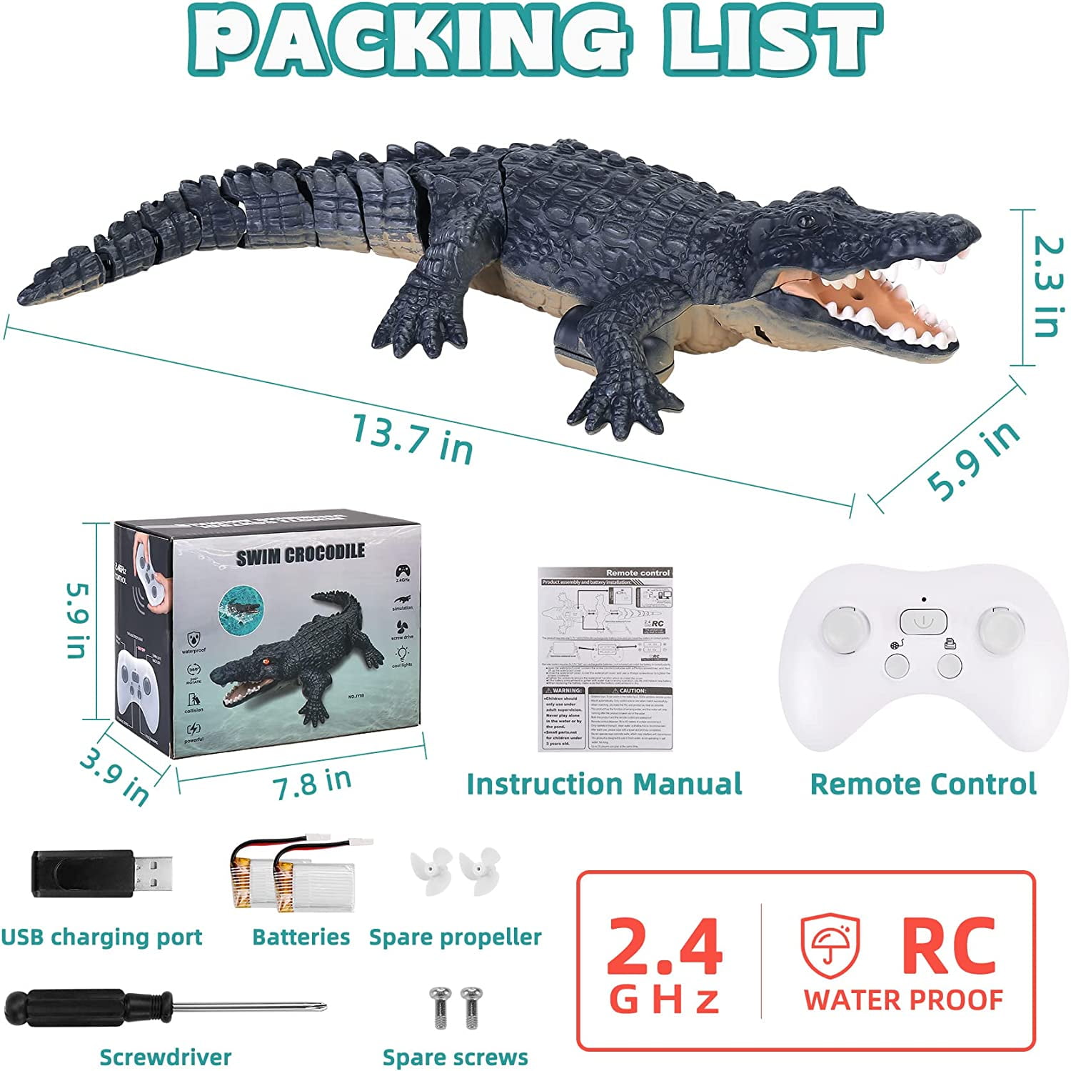 SSAWcasa 2.4GHz Remote Control Crocodile Toy, RC Crocodile with Glowing Eyes Simulated Alligator RC Boat Toys for Kids Aged 6+ (Black)
