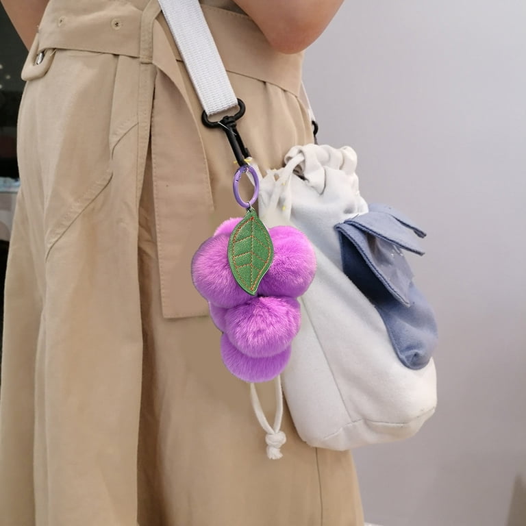 Cute Fluffy Grape Keychain - Plush Pom Pom Key Ring For Women, Bag Charm, Purse Accessory